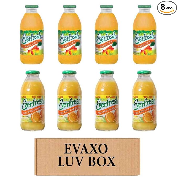 LUV BOX- variety Everfresh Juice 16 oz. pack of 8 Everfresh Mango Carrot Everfresh 100% Orange Juice. by evaxo