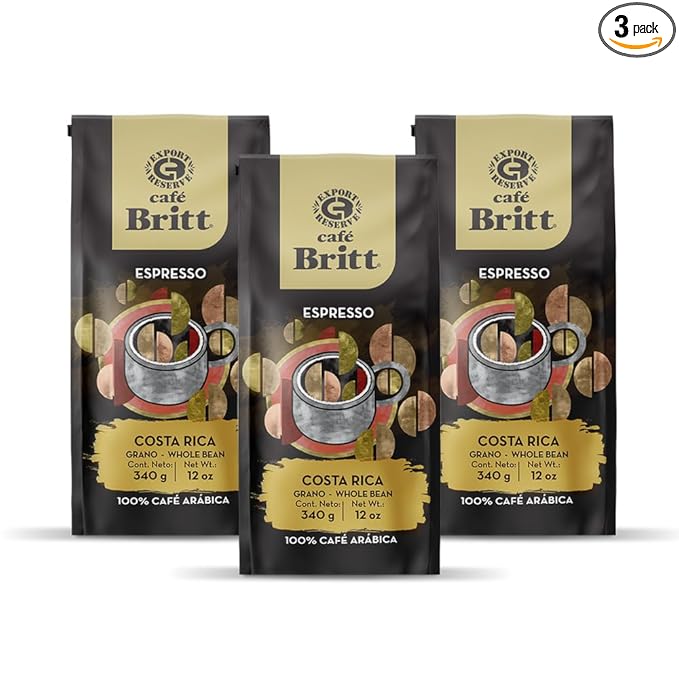 Café Britt® - Costa Rican Espresso Coffee (12 oz.) (3-Pack) - Whole Bean Arabica Coffee Kosher Gluten Free 100% Gourmet &amp Dark Roast
