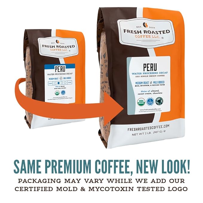 Fresh Roasted Coffee USDA Organic Peru Water-Processed Decaf | 3rd Party Tested for Pesticides Mold Mycotoxins Kosher | 100% Arabica Specialty Grade Med Roast 12 oz Whole Bean