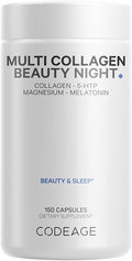 Codeage Multi Collagen Protein Beauty Night - Melatonin Magnesium Bisglycinate 5-HTP L-Theanine English Lavender Flower Bone Broth - Vitamins - Supplement - Sleep Pills - Non-GMO - 150 Capsules