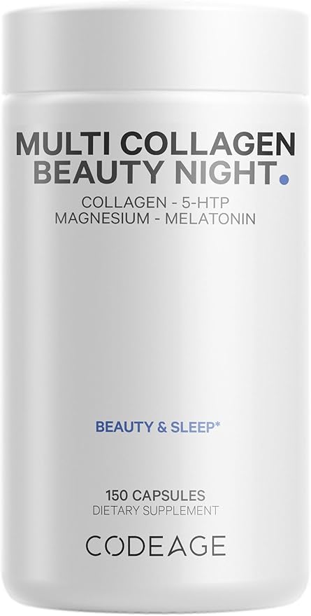 Codeage Multi Collagen Protein Beauty Night - Melatonin Magnesium Bisglycinate 5-HTP L-Theanine English Lavender Flower Bone Broth - Vitamins - Supplement - Sleep Pills - Non-GMO - 150 Capsules