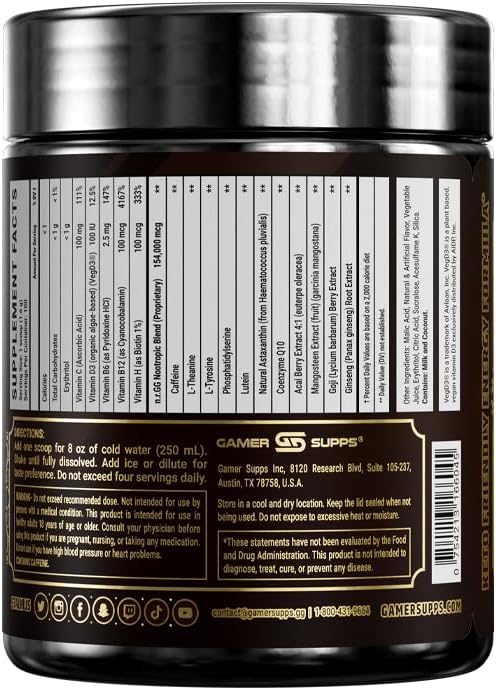 Gamer Supps GG Energy - Sploosh by CottontailVA (100 Servings) - Keto Friendly Gaming Energy and Nootropic Blend Sugar Free + Organic Caffeine + Vitamins + Immune Support Powder Drink
