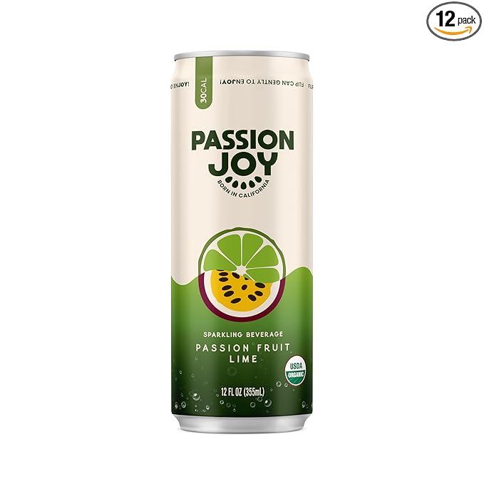 Passion Joy Organic Soda – Passion Fruit &amp Lime 12 oz Slim Cans (Pack of 12)