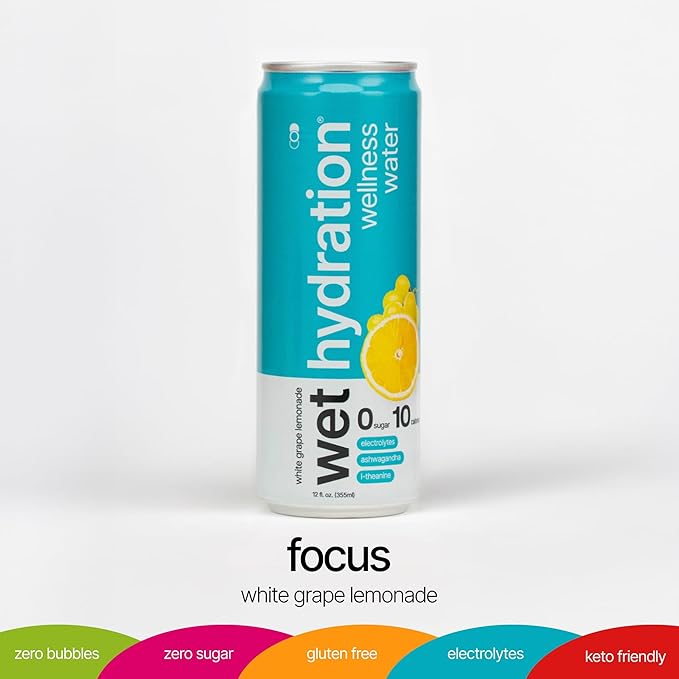 Wet Hydration Wellness Water | Electrolyte Drink with Ashwagandha &amp L-Theanine – White Grape Lemonade (12oz Cans Pack of 12) | Zero Sugar 10 Calories Zero Bubbles Functional Hydration