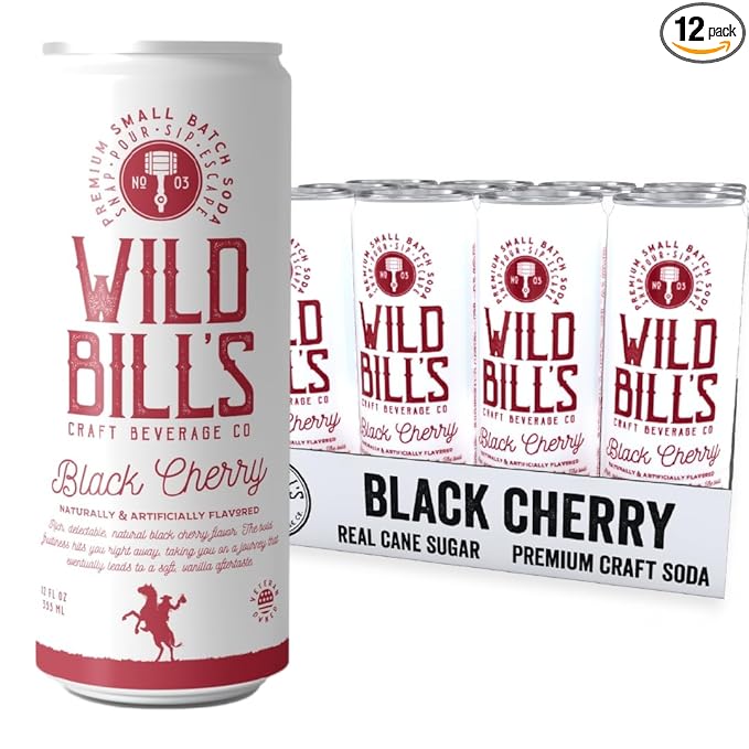 Wild Bill's Black Cherry Soda Classic Craft Soda Pop Soft Drinks Sodas Made with Pure Cane Sugar Caffeine Free NO High Fructose Corn Syrup Gluten Free Vegan Low Sodium 12 Oz 12 Pack