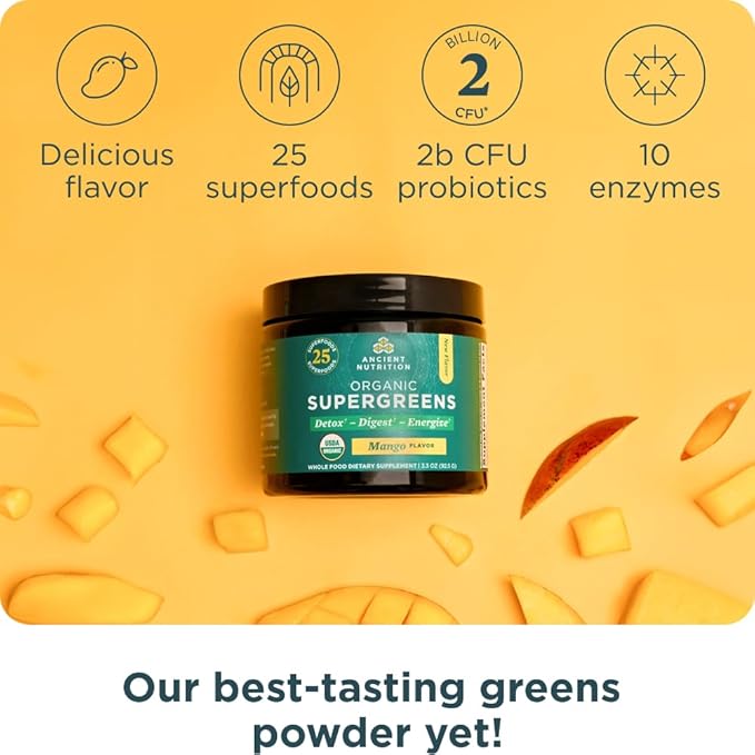 Ancient Nutrition SuperGreens Powder with Probiotics Organic Mango Flavor Greens Made from Real Fruits Vegetables and Herbs Digestive and Energy Support 12 Servings 3.3oz