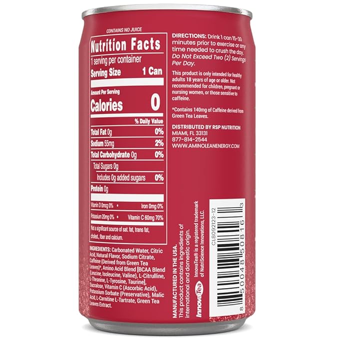 AminoLean Energy Drink MINIS – Sugar Free Anytime Energy with Natural Caffeine &amp Vegan Amino Acids for No Jitters Tingles or Crash Cherry Lime 8 oz 12 Pack