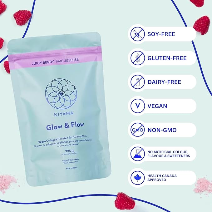 Niyama Glow &amp Flow Vegan Collagen Powder - Healthy Hair &amp Skin - Vegan Paleo and Keto-Friendly - Juicy Berry (30 Servings)
