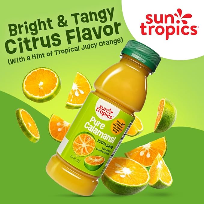Sun Tropics Pure Calamansi 100% Juice - 4 Pack 10 Oz Each | 100% Pure Not From Concentrate | Refreshing Citrus Juice for Drinks Cocktails Cooking &amp More | No Sugar No Preservatives