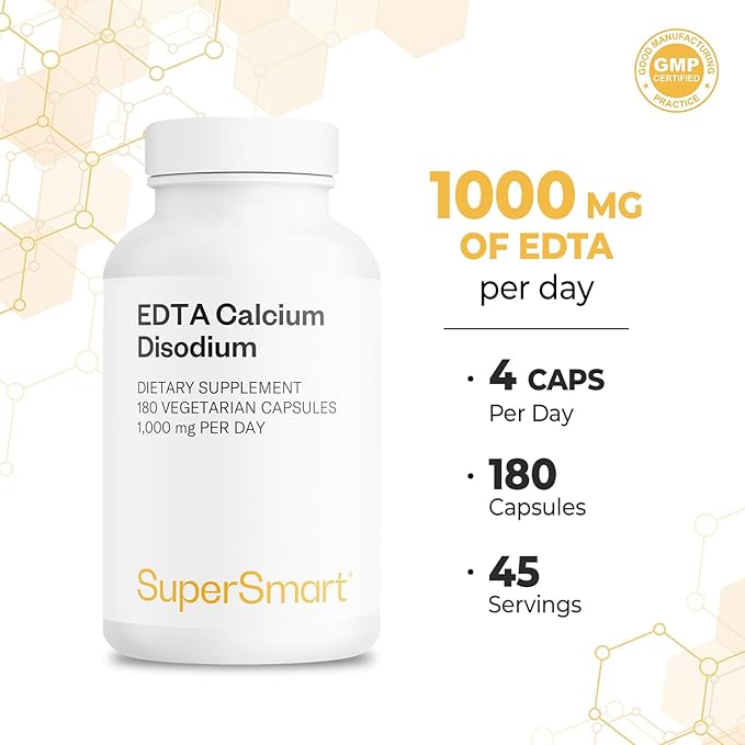 Supersmart - EDTA 1000mg per Day - Calcium Disodium EDTA Supplement | Non-GMO &amp Gluten Free - 180 Vegetarian Capsules