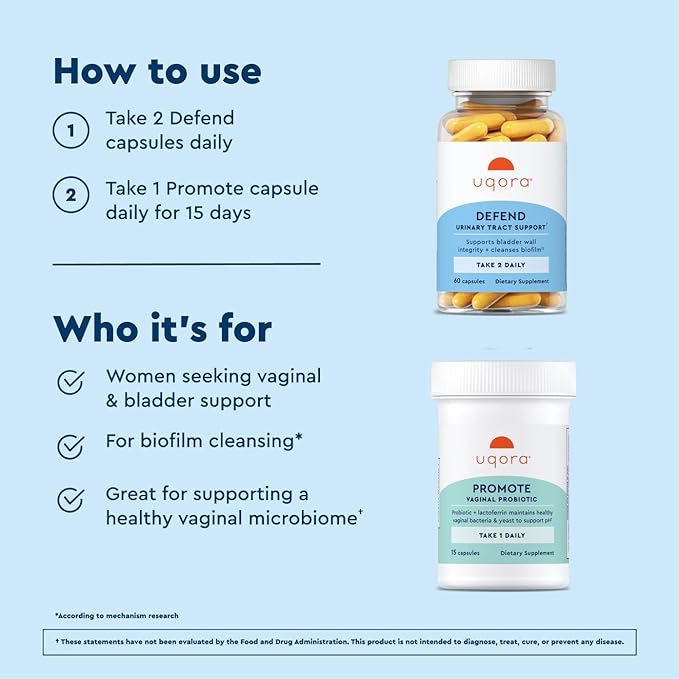 Uqora Defend &amp Promote - Urinary &amp Vaginal Health Supplement Bundle for Daily Support - Supports Vaginal Health Bladder Wall Integrity &amp Cleanses Biofilm** - Easy to Consume - One-Month S