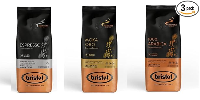 Bristot Italian Espresso Ground 250g Each: Cremoso Italiano + Moka Oro + 100% Arabica Medium Roast