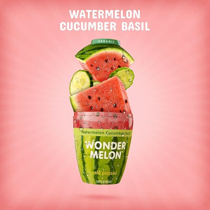 Wonder Melon Organic Watermelon Juice with Cucumber &amp Basil 8.45oz (6 Pack) 100% Juice Cold Pressed Best By: 6/27/2026