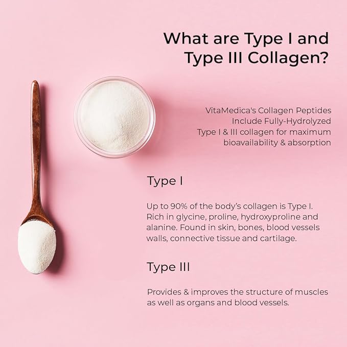 VitaMedica Collagen Peptides Powder for Women &amp Men - Healthy Hair Skin Nails Bones and Joints - Hydrolyzed Types I &amp III Grass-Fed Pasture-Raised Protein Zero Sugar - 30 Servings