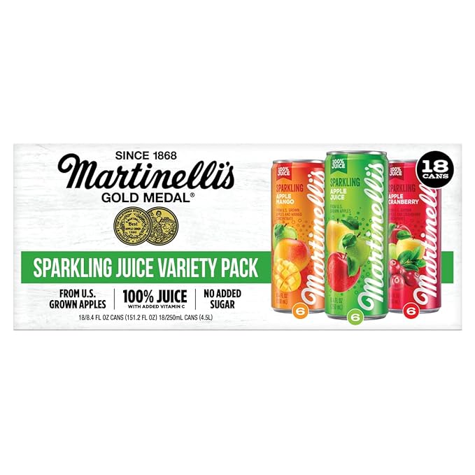 Martinellis Sparkling Juice Variety Pack 8.4 fl oz Can (Pack of 18) - 100% Apple Mango Apple Cranberry &amp Apple Juice - No Added Sugar or Preservatives - Non Alcoholic Celebratory Drink