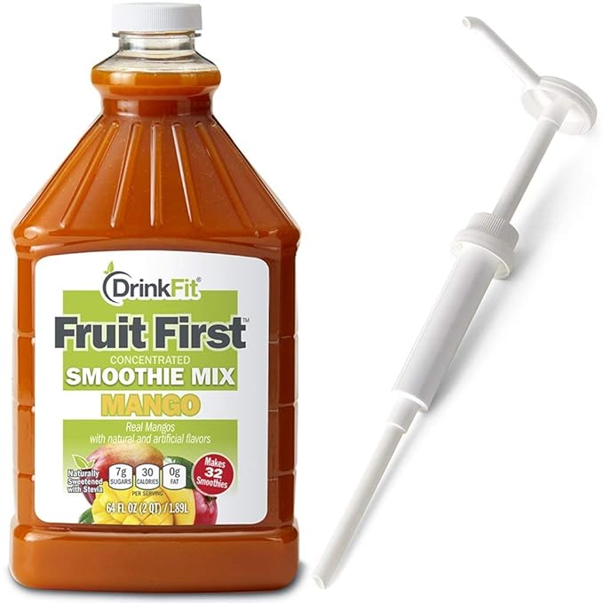 DrinkFit Fruit Smoothie | Real Fruit Puree Low Sugar Gluten:Free &amp Non:GMO Mango Smoothie Mix : Makes 32 Smoothies 64 Fl Oz with Dispensing Pump (Mango)
