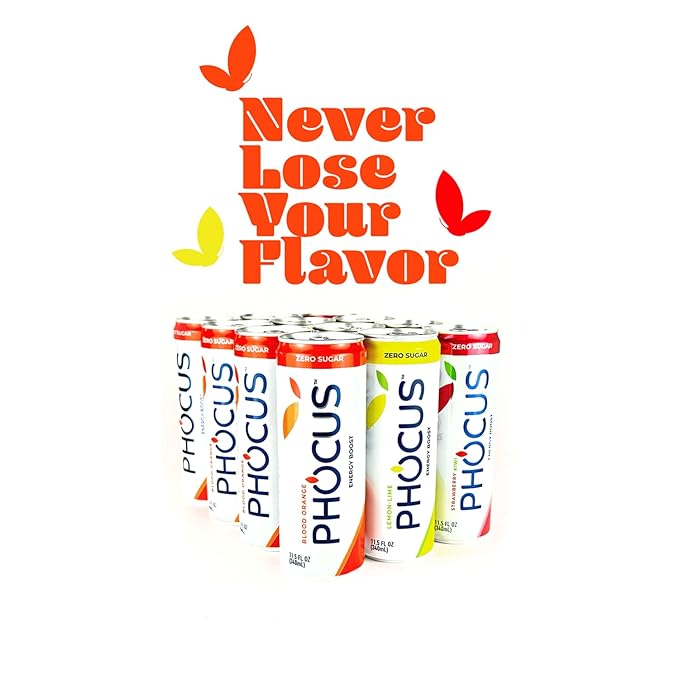 PHOCUS Energy Drink Variety Pack: Blood Orange Strawberry Kiwi &amp Lemon Lime 75mg Natural Caffeine Plus L-Theanine Zero Sugar Zero Calories No Artificial Sweeteners 11.5 fl oz Cans (Pack of