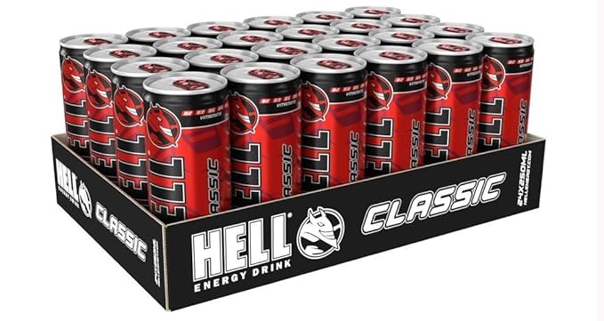 HELL CLASSIC Energy Drink | 32 mg/100 ml Caffeine | Vitamins B3 B5 B6 B12 | No Preservatives | Environmentally Friendly Packaging | 24 x 250ml | Compatible with HELL Energy