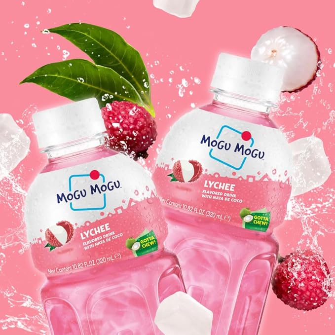 Mogu Mogu Lychee Juice with Nata de Coco (Coconut Jelly) – Fun &amp Chewy Juice Drink 24-Bottle Carton Pack 10.82 fl oz Each