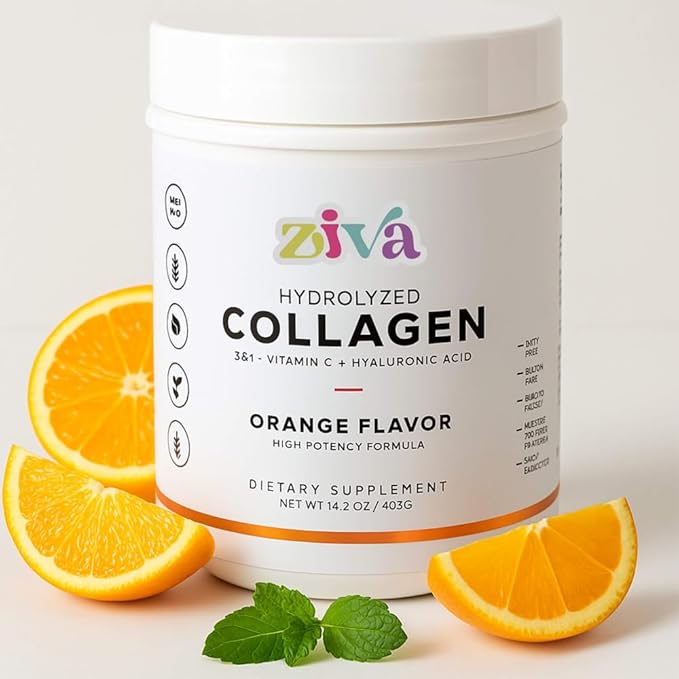 ZIVA Hydrolyzed Collagen – Orange Flavor | with Vitamin C &amp Hyaluronic Acid | High Potency | Dairy-Free Gluten-Free