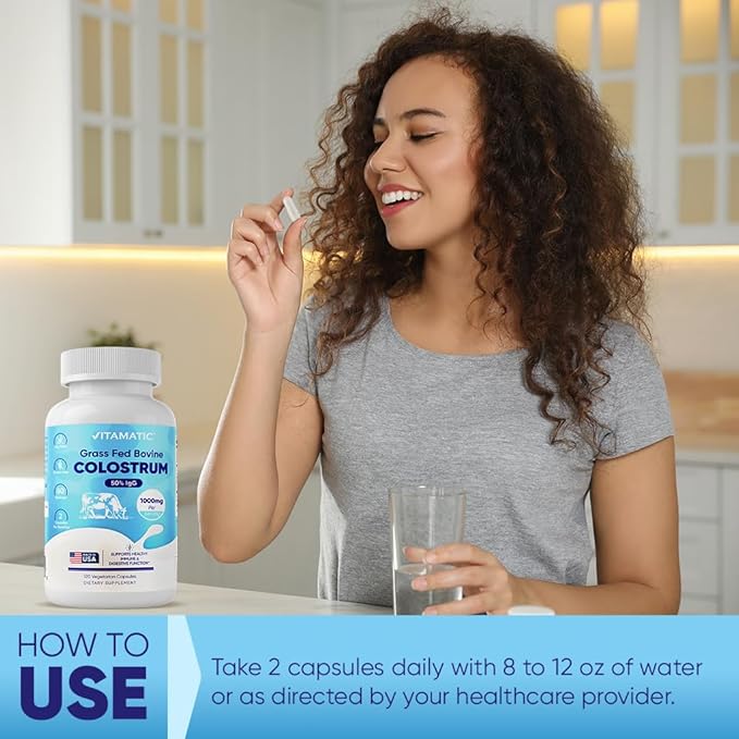 Vitamatic Bovine Colostrum Supplement 1000 mg per Serving - 50% Highest IgG - Supplement for Gut Health Hair Growth Beauty Muscle Recovery &amp Immune Support - 120 Capsules