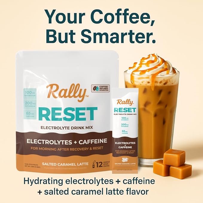 Rally Reset Instant Coffee Packets – Salted Caramel Latte Mix with MCT Oil Caffeine Vitamin B12 &amp Vitamin C – Functional Single-Serve Coffee Sticks Low Sugar | 24 Sticks