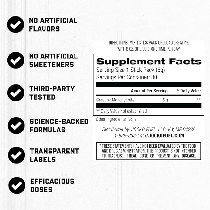 Jocko Fuel Creatine Stick Packs - Creatine Monohydrate Powder Travel Packs for Men &amp Women Supplement for Athletic Performance &amp Muscle Health 30 Servings 150g (Unflavored)