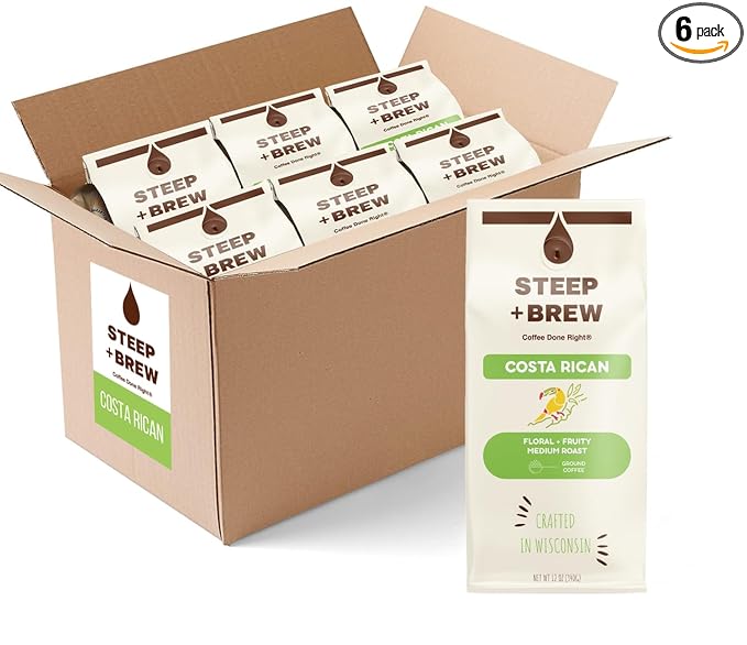 STEEP + BREW Costa Rican Coffee | Premium Arabica Coffee | Ground | Medium Roast | 12 oz | PACK OF 6