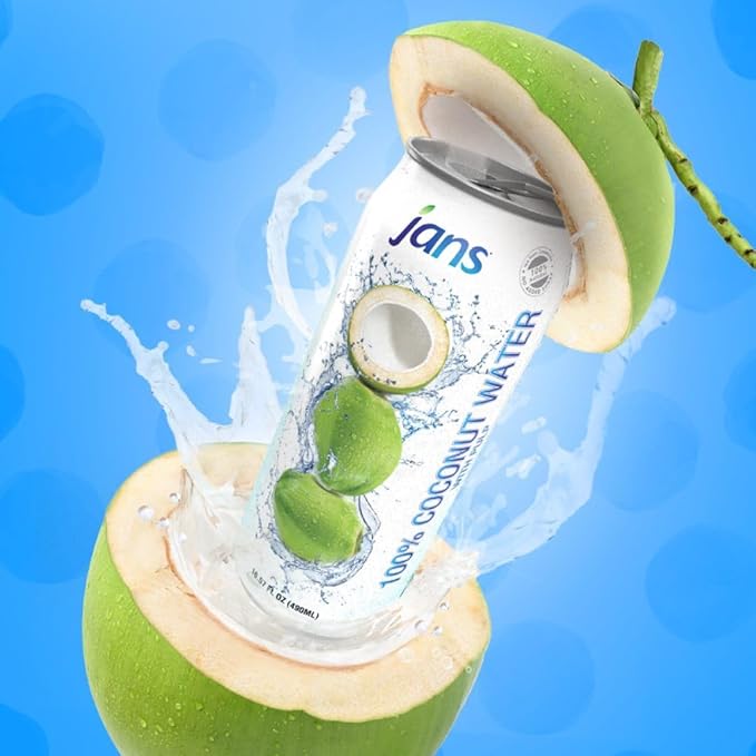 Jans 100% Pure Coconut Water with Pulp (16.57 Fl Oz Pack of 6) NO Sugar Added | Unsweetened Coconut Water | Not from Concentrate | Non-GMO | Refreshing Taste of the Tropics