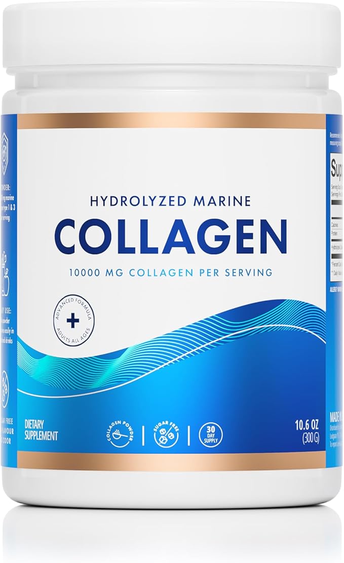 Swedish Nutra 10000 mg Hydrolysed Marine Collagen Powder Supplement - 30 Day Supply| Type 1 &amp 3 Collagen Pure Peptides for Healthy Hair Skin Nails Joints I Unflavored | 100% Natural | Sugar-F