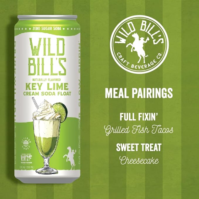 Key Lime - Wild Bill's Zero Sugar Cream Soda Zero Artificial Colors Flavors or Preservatives Naturally Sweetened (Individual 12oz Cans12-Pack)