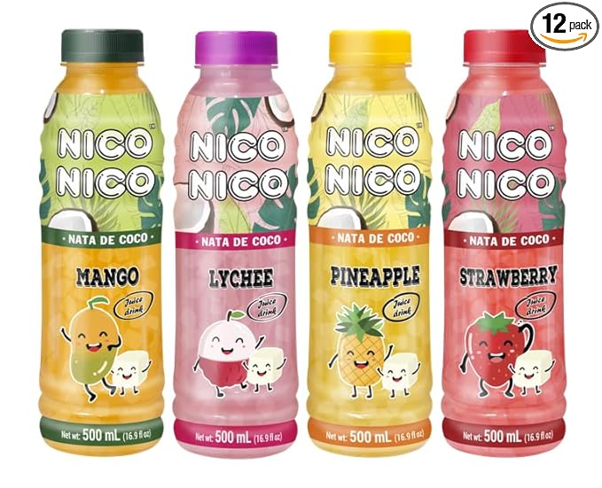 NICONICO COCONUT GEL JUICE DRINK-VARIETY PACK [16.9 fl oz Pack of 12 (3 bottle of each Mango/Lychee/Strawberry/Pineapple)] Refreshing 30% Fruit Juice Drink with Coconut Gel