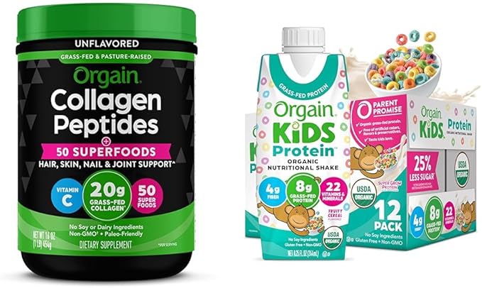 Bundle of Orgain Hydrolyzed Collagen Powder + 50 Organic Superfoods 20g Grass Fed Collagen 1lb + Orgain Organic Kids Nutritional Protein Shake Fruity Cereal 8g Dairy Protein 8.25 Fl Oz 12 Pack