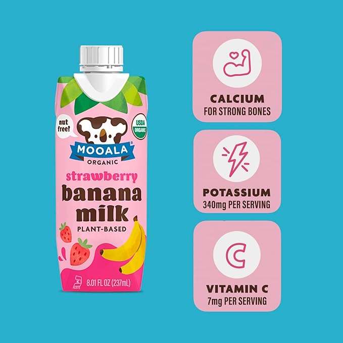Mooala - Organic Strawberry Bananamilk Lunchbox Friendly Shelf-Stable Non-Dairy Nut-Free Plant-Based Beverage On the Go 12 Pack