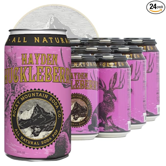 Rocky Mountain Soda 24‑Pack 12 Fl Oz Cans Small‑Batch Craft Soda Pop Gluten‑Free Vegan Organic Cane Sugar No Preservatives No Added Sodium Huckleberry Soda Pop