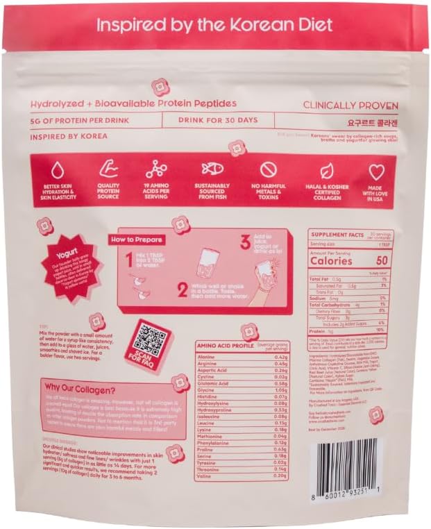 Crushed Tonic Marine Collagen Powder Korean Beauty Drink with Hydrolyzed Collagen Peptides for Skin Hair &amp Nails | Gluten-Free Halal &amp Kosher (Sweet Yogurt Yakult 30 Servings (150 g) Pouch