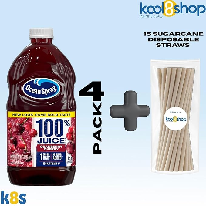 Ocean Spray 100% Cranberry Cherry Fruit Juice No Added Sugar 64 fl oz 4 Pack + 15 Sugarcane Disposable Straws by KOOL8SHOP Infinite Deals