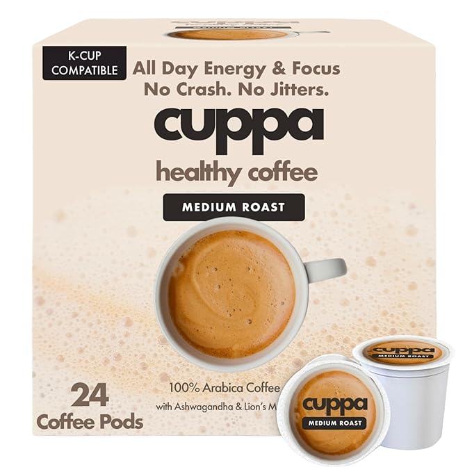 Cuppa Medium Roast Mushroom Coffee with Adaptogens &amp Superfoods - Lion’s Mane Ashwagandha &amp Cordyceps. Adaptogens + MCT to support natural energy mental focus &amp gut health (24 Servings)