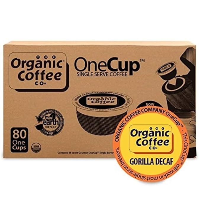 The Organic Coffee Co. Compostable Coffee Pods - Gorilla Decaf (80 Ct) K Cup Compatible including Keurig 2.0 Medium Roast Swiss Water Processed USDA Organic