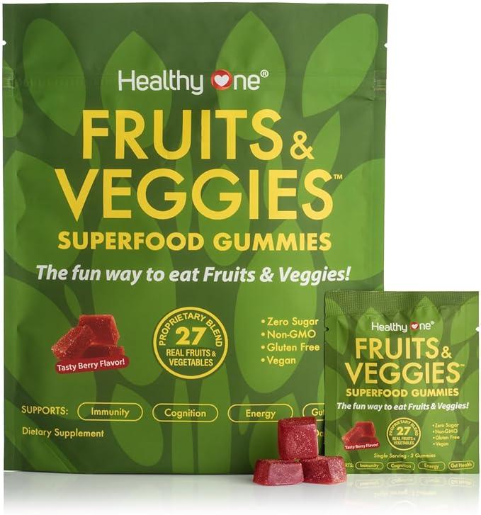Fruits &amp Veggies Sugar-Free Gummies - 27 Whole Foods - Equals 3 Servings of Fruits &amp Vegetables - Improve Energy Focus &amp Immune Function - Fiber - Antioxidants - Organic Ingredients - 14