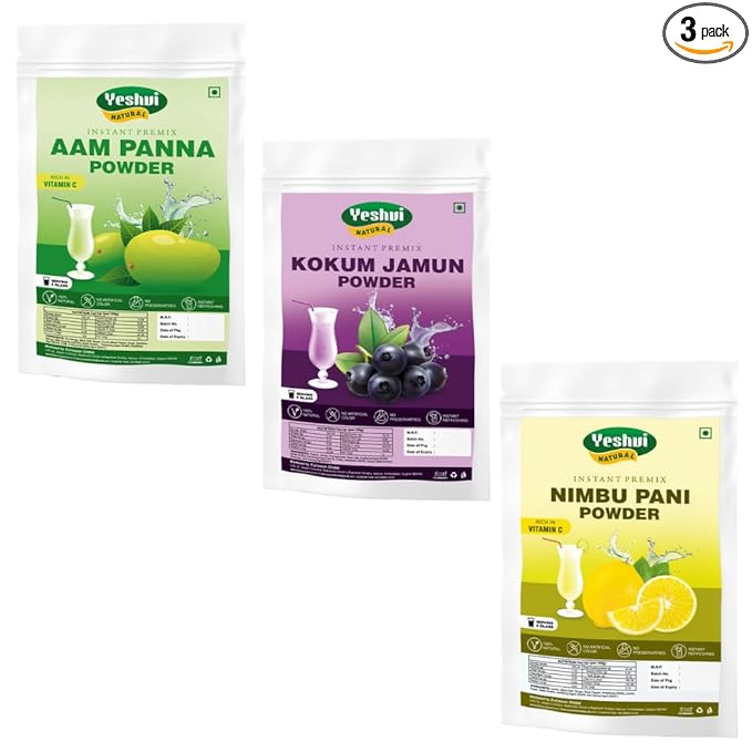 Yeshvi NATURAL Aam Panna Powder &amp Kokum Jamun Fruit Juice Powder With Nimbu Pani Powder Combo Pack Instant Drink Mix Powder Freshens Breath Any Time Of The Day 300gm