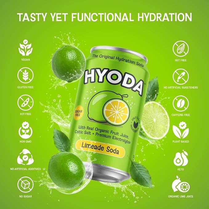 HYODA Limeade Soda Gluten Free and Vegan Sparkling Electrolyte Drink Made with Organic Lime Juice Celtic Salt and Calcium Keto Zero Sugar Plant Based Caffeine Free 12 FL OZ Cans 12 Pack
