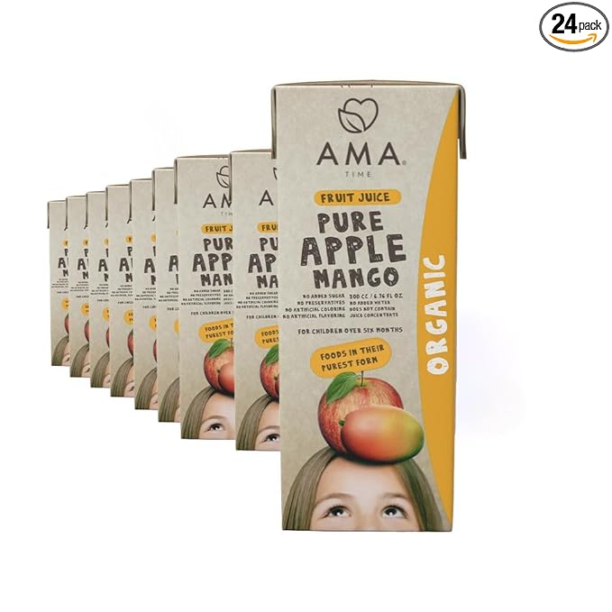 AMA TIME Organic Apple &amp Mango Juice Boxes for Kids 24 Pack | 6.76 fl oz Each | USDA Organic Juice with Vitamins A &amp C | No Added Sugar Gluten-Free Lunchbox &amp Snack Box Drinks