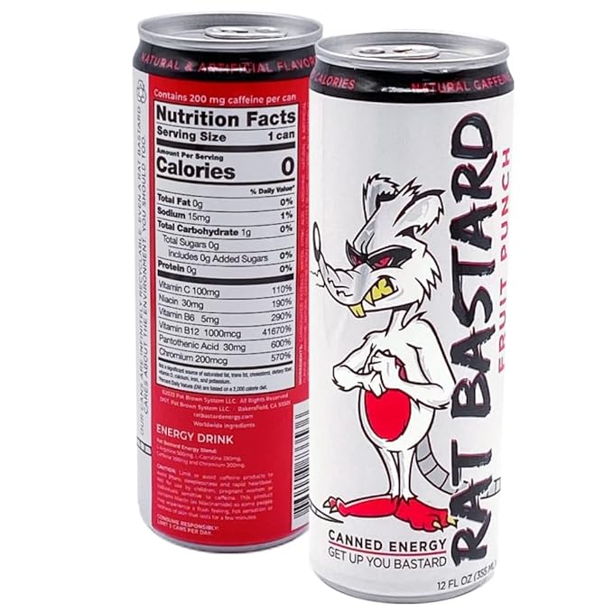 RAT BASTARD Energy Drink - Sugar-Free Caffeinated Beverage Natural Caffeine to Boost Energy and Focus Fruit Punch Flavor 12 fl oz Can (Case of 12)