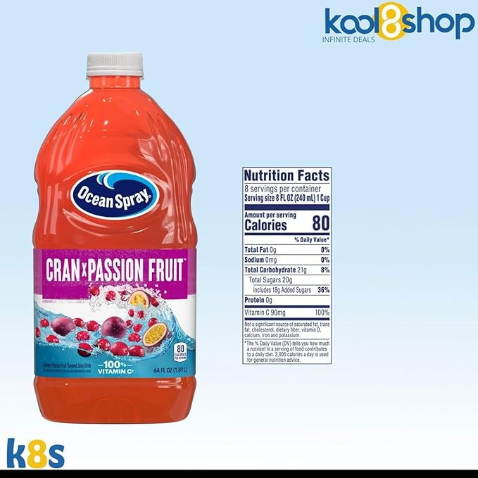 Ocean Spray Passion Fruit Fruit Juice Drink 64 fl oz Plastic Bottle 4 Pack + 15 Sugarcane Disposable Straws by KOOL8SHOP Infinite Deals