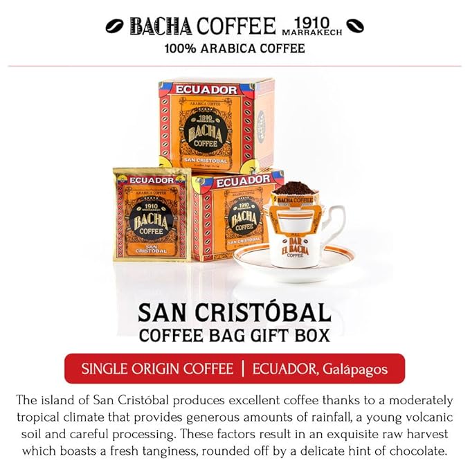 Bacha Coffee | San Cristóbal Ecuador Single Origin Medium Dark Roast 100% Arabica Specialty Coffee 12 Coffee Drip Bags Gift Box