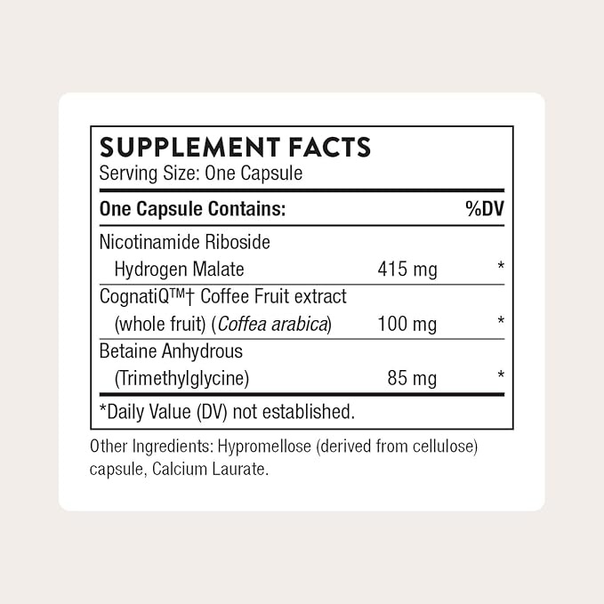 THORNE - Brain Factors - Brain Health Supplement with Nicotinamide Riboside Coffee Fruit Extract &amp Betaine Anhydrous - Supports Learning Memory &amp Cognition* - Third-Party Certified - 30 Caps