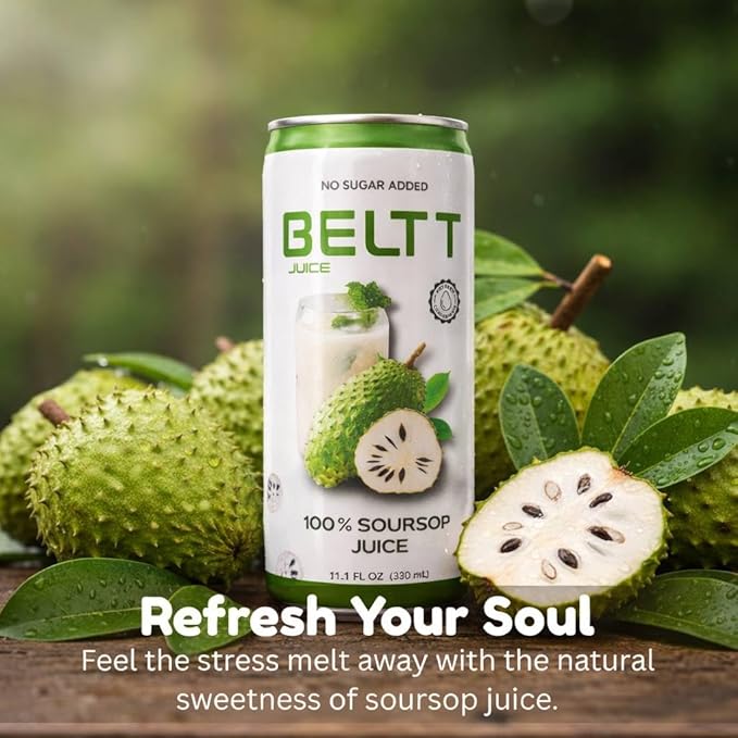 BELTT Soursop Juice 100% Fruit No Added Sugar No Preservatives Not From Concentrate Plant Based Drink Natural Electrolytes 11.1 FL OZ Cans Pack of 12