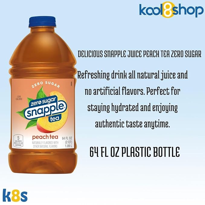 Snapple Zero Sugar Peach All Natural Tea 64 fl oz Plastic Bottle 4 Pack + 20 Compostable Bamboo Fiber Straws by KOOL8SHOP Infinite Deals