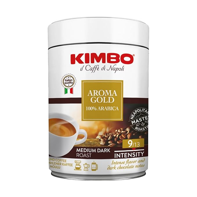Kimbo Aroma Gold 100% Arabica Ground Coffee | Medium Dark Roast | 9/13 Intensity | Intense Flavor &amp Dark Chocolate Notes | 8.8 oz Can - Pack of 3